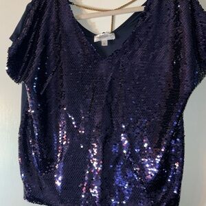 Blue Sequin Embellished shirt. With gold chain on the back